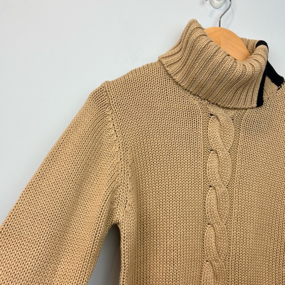 Cleo Cable Knit Split Turtleneck Sweater Camel Navy Trim Cozy Knit - Picture 5 of 11